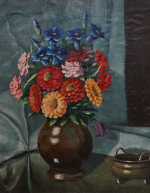 A decorative oil on board, Still life of flowers in a vase and Chinese censer, signed, 49 x 39cm. Condition - good